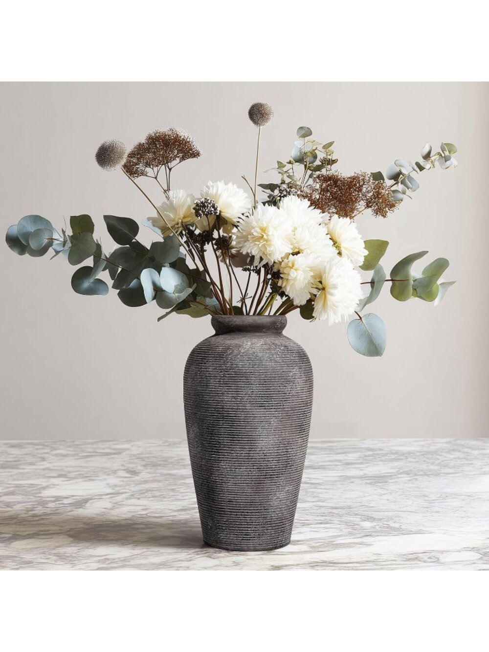 11 Inch Large Rustic Grey Farmhouse Ceramic Pottery Vase Pampas Grass Home Deco